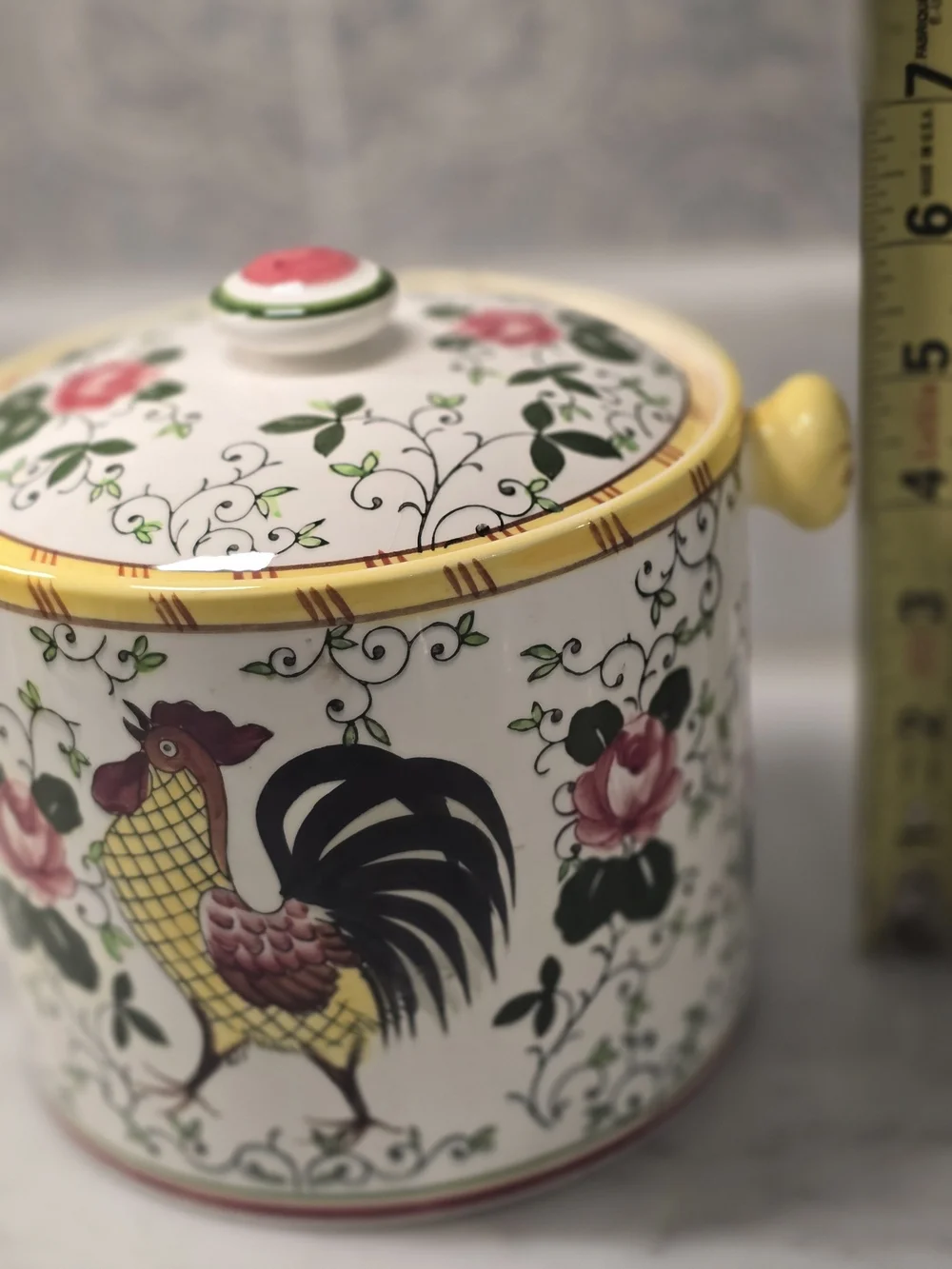 Roses And Rooster Ceramic Kitchen Canister - Yellow, Pink, Green
